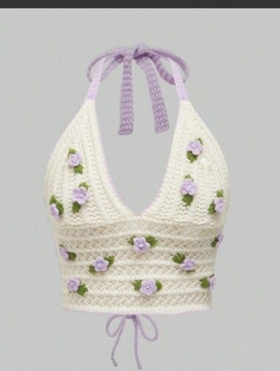 Kawaii Tops - Kawaii Crochet Halter Crop Top with Lavender 3D Flowers, L(8-10)